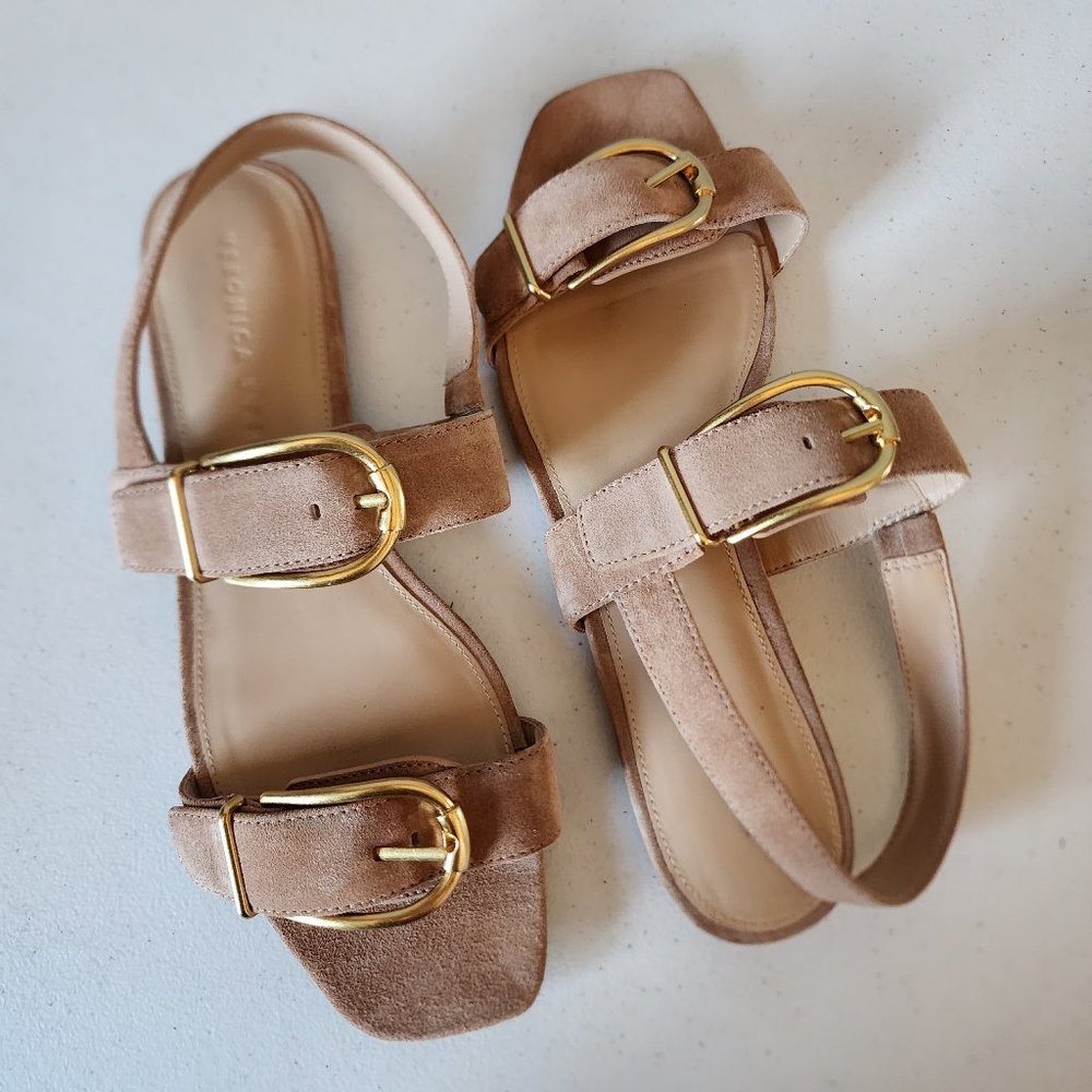 Veronica Beard Maglio Tan Buckle Strap Sandals with Gold Hardware - Picture 15 of 16